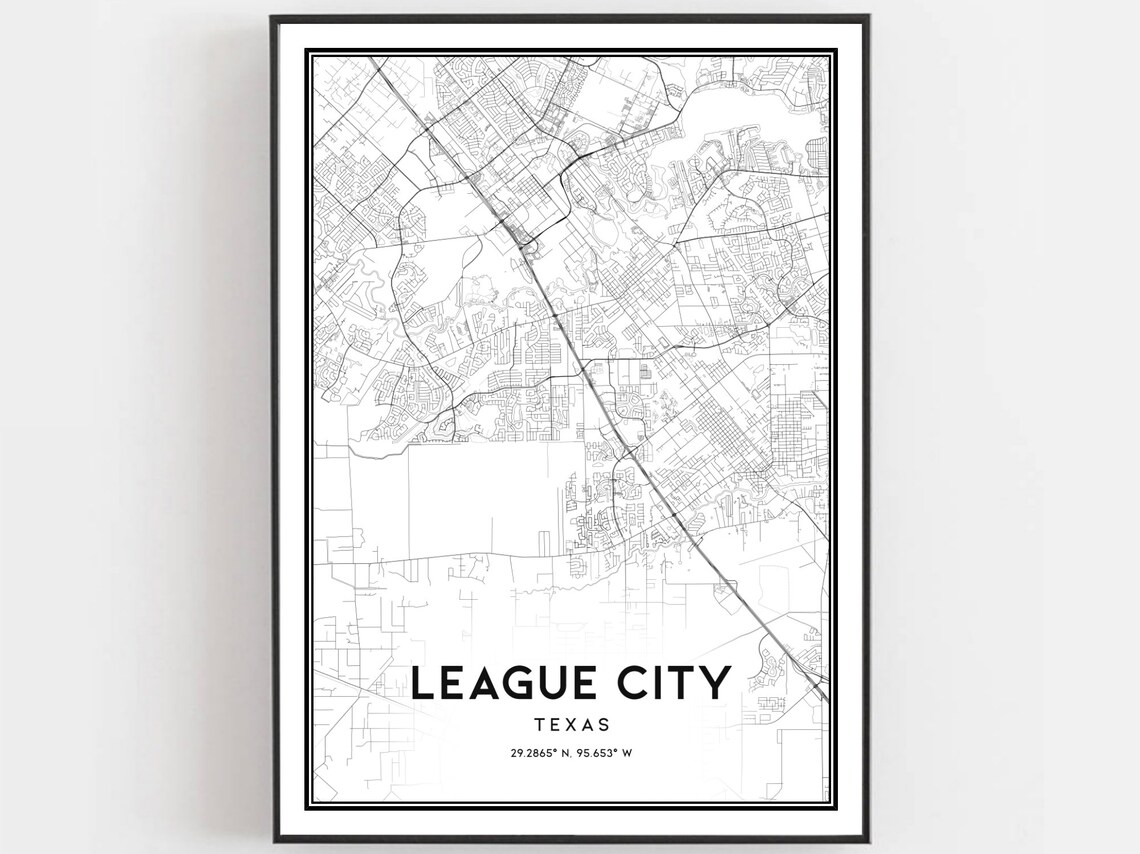 League City Texas Detailed Black White City Street Map Poster
