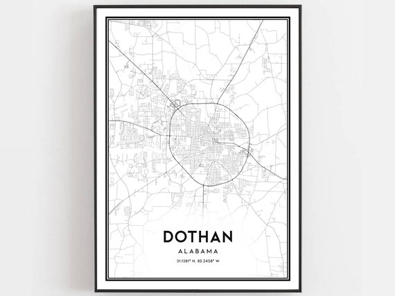Dothan Map Print Poster Wall Art Al City Alabama Street Decor Road Gift B1091