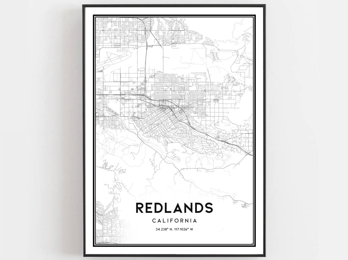 Redlands California Minimalist Black White City Street Map Poster