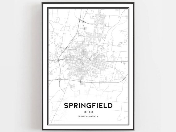 Springfield Map Print Poster Wall Art Oh City Ohio Street Decor Road Gift B981