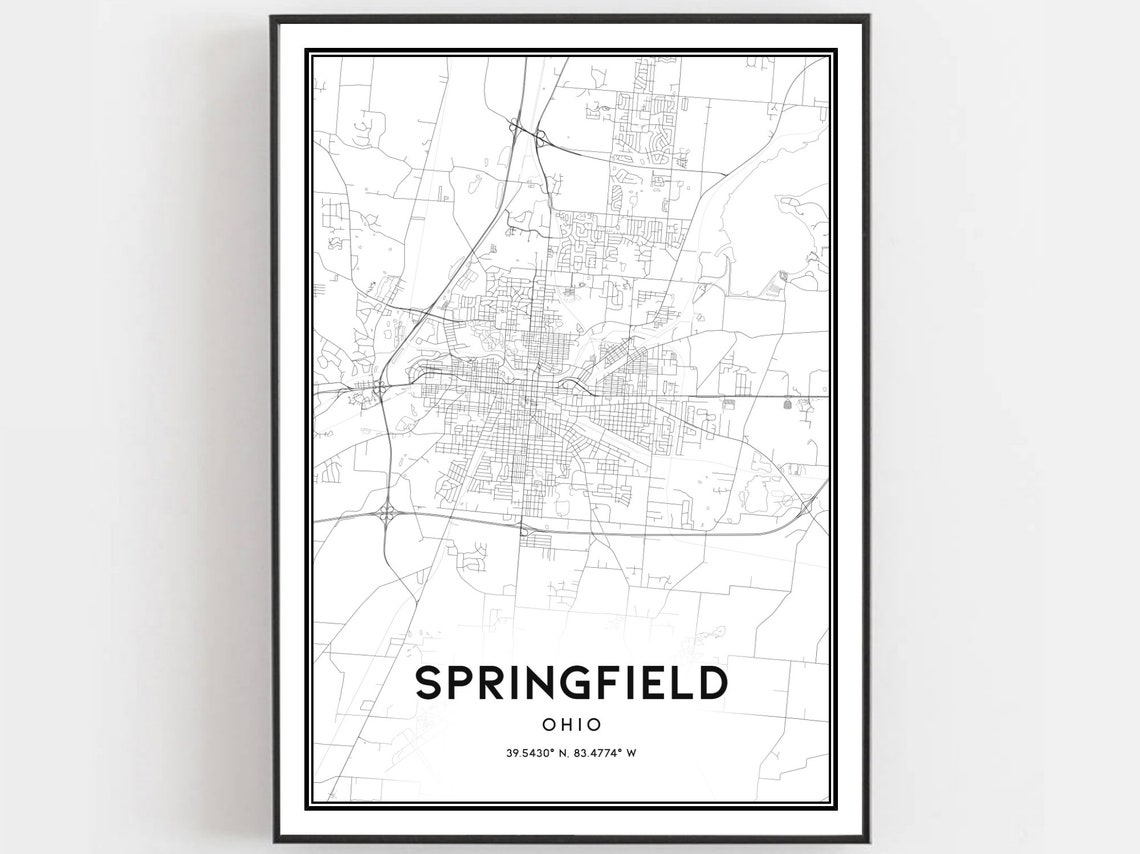 Springfield Ohio City Street Map Art Print With Coordinates Decor