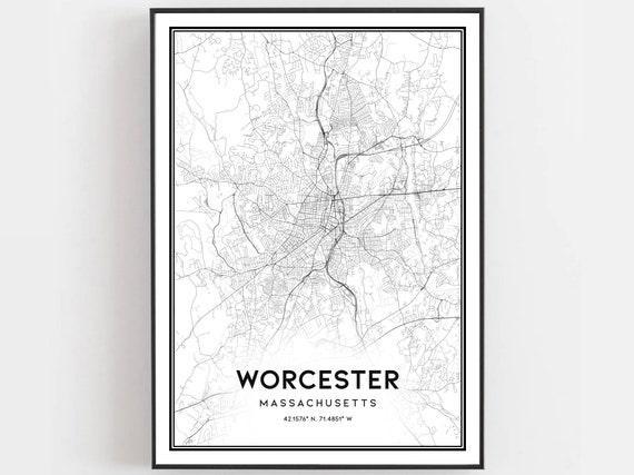 Worcester Map Print Poster Wall Art Ma City Massachusetts Street Decor Road Gift B388