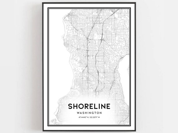 Shoreline Map Print Poster Wall Art Wa City Washington Street Decor Road Gift B1302
