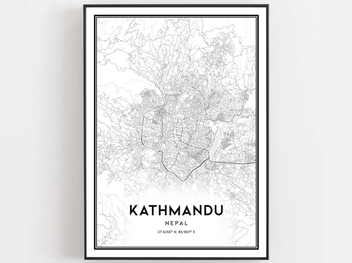Kathmandu Nepal Street Map Black White Minimalist Coordinates Wall Poster