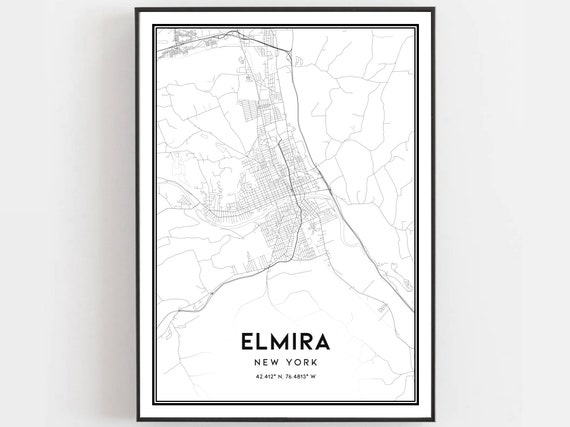Elmira Map Print Poster Wall Art Ny City New York Street Decor Road Gift B1174