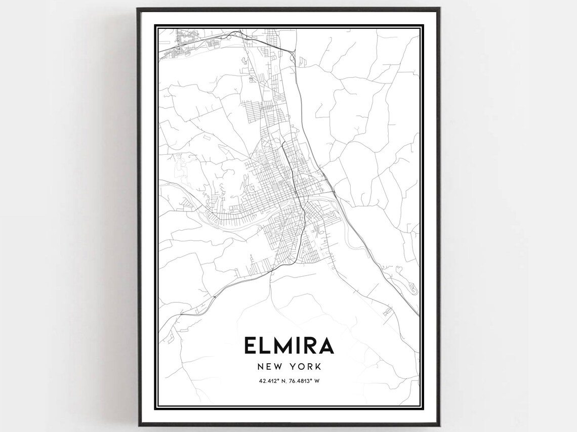 Elmira New York City Street Map Minimalist Black White Poster