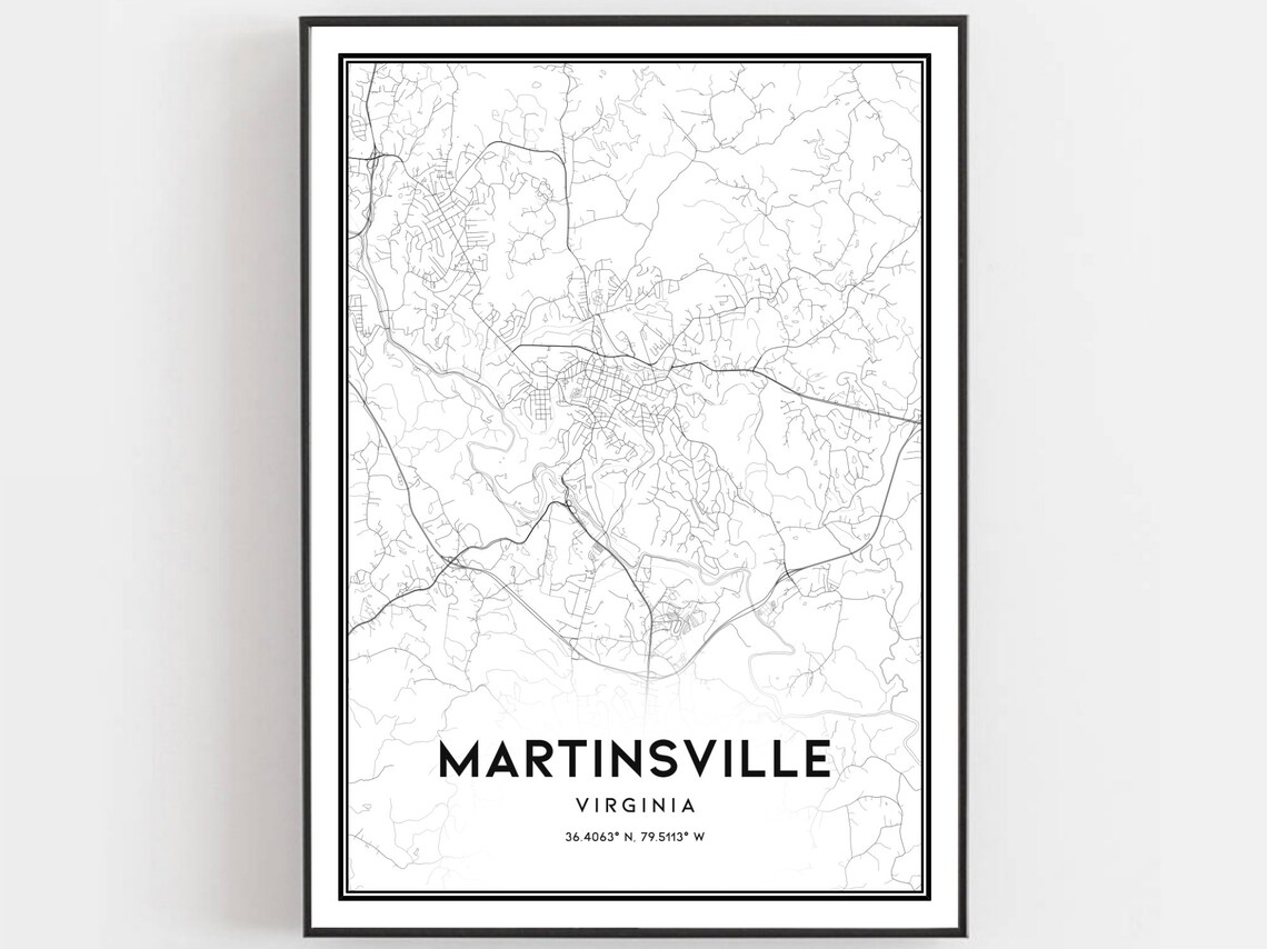 Martinsville Virginia Street Map Minimalist Black and White City Poster