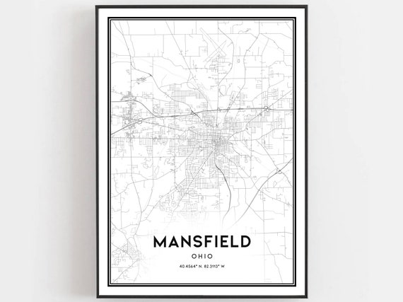 Mansfield Map Print Poster Wall Art Oh City Ohio Street Decor Road Gift B1074