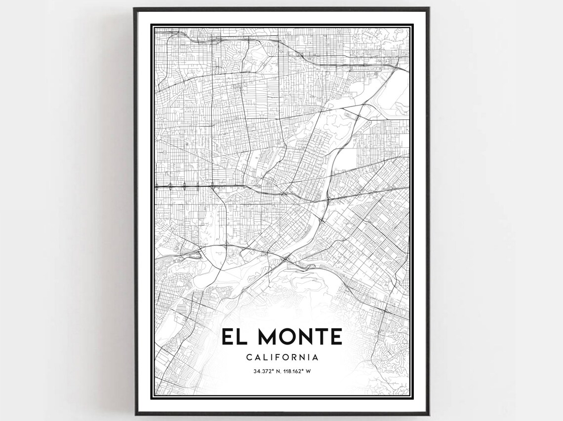 El Monte California Minimalist Black and White City Street Map Poster