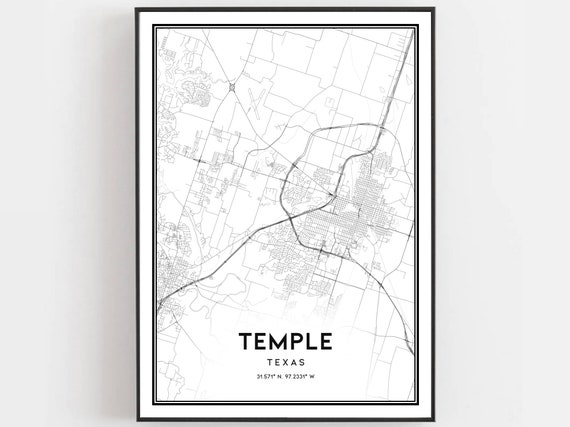 Temple Map Print Poster Wall Art Tx City Texas Street Decor Road Gift B867