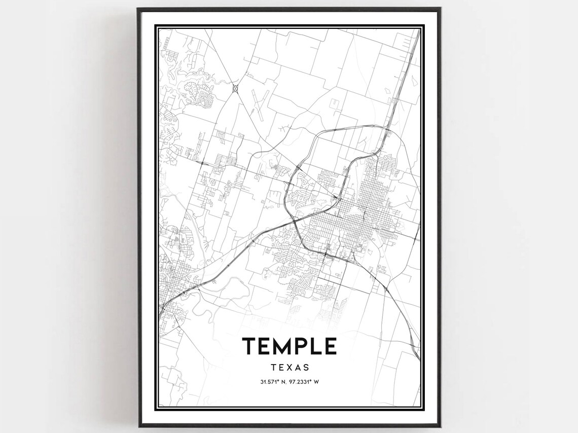 Temple Texas Map Minimalist Black and White City Street Poster