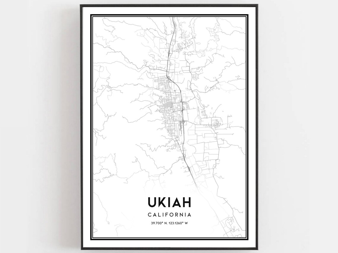 Ukiah California Black and White City Street Map Modern Poster