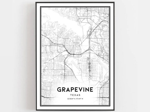 Grapevine Map Print Poster Wall Art Tx City Texas Street Decor Road Gift B1364