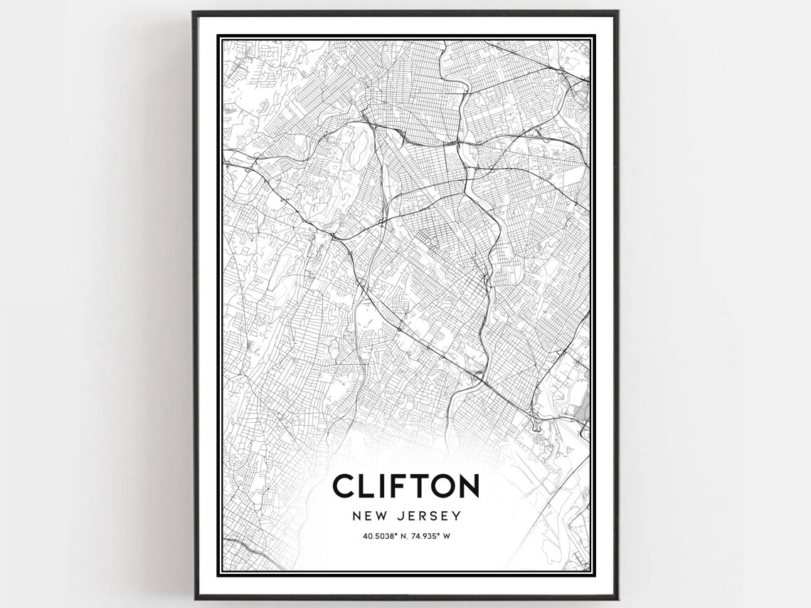 Clifton New Jersey Downtown Street Map Minimalist Black White Poster