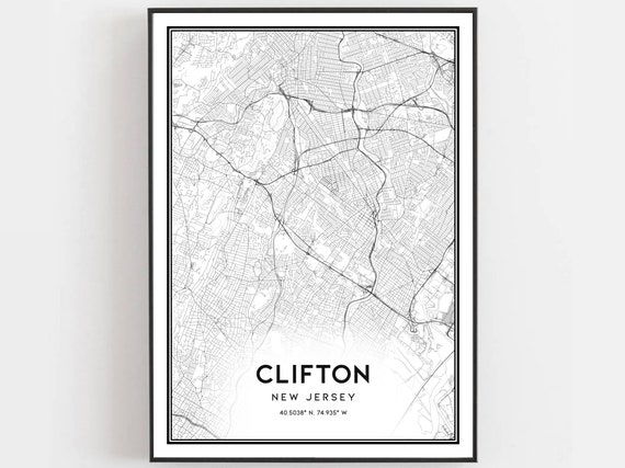 Clifton Map Print Poster Wall Art Nj City New Jersey Street Decor Road Gift B964