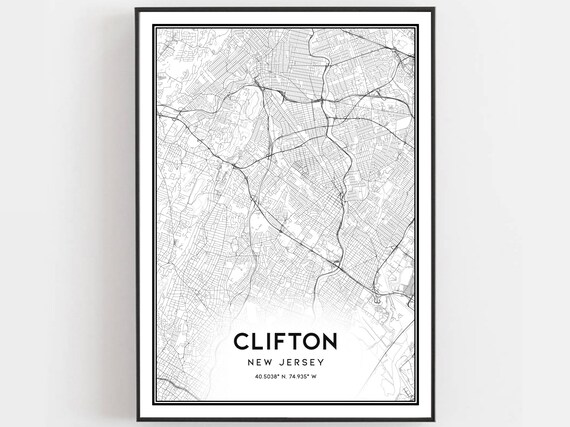 Clifton New Jersey Downtown Street Map Minimalist Black White Poster