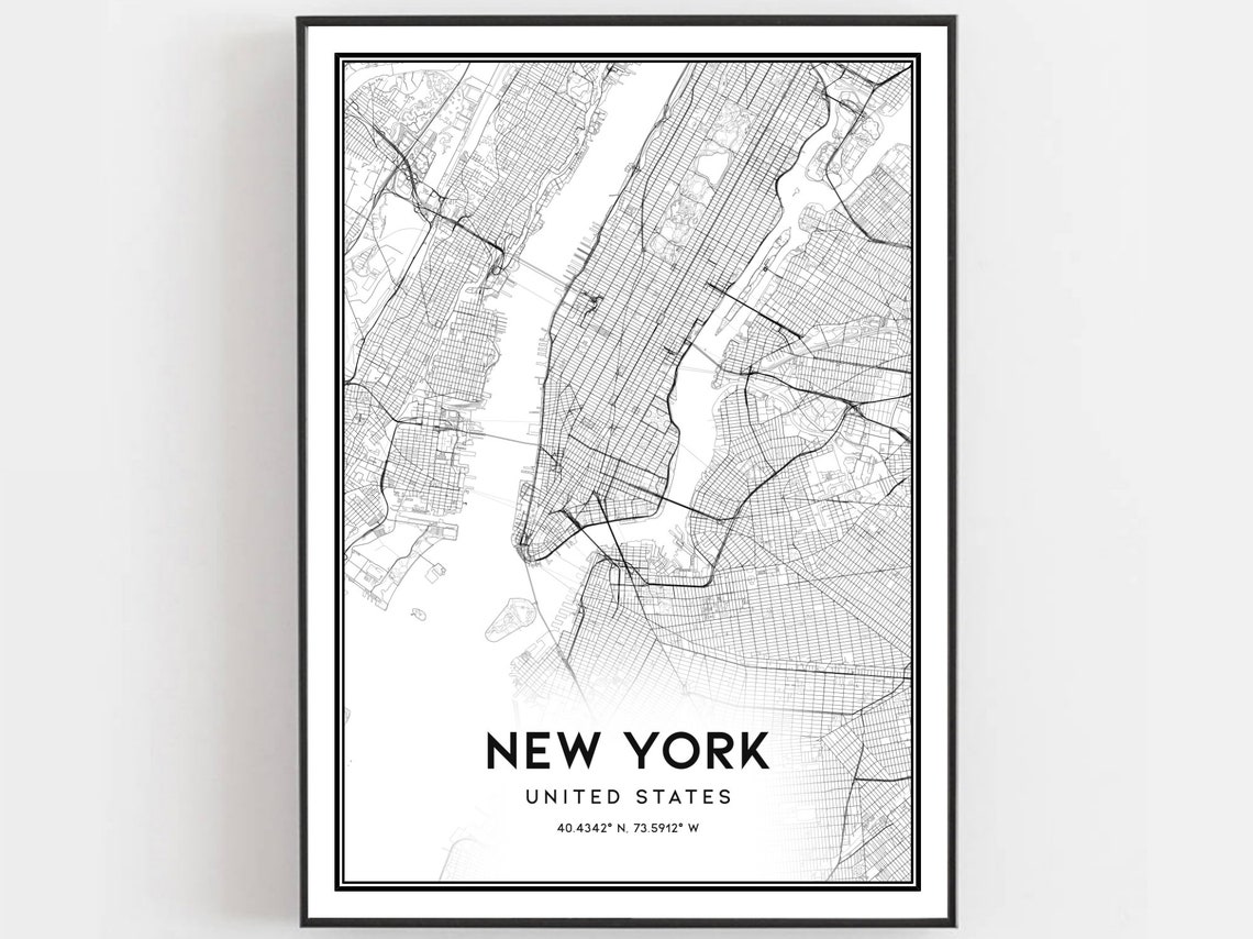 New York City Street Map Poster with Printed Coordinates Decor