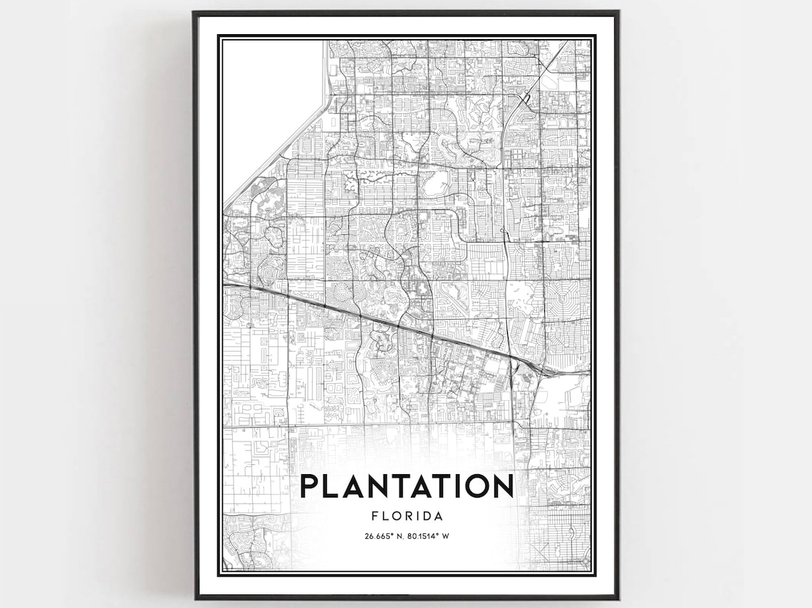 Plantation Florida City Street Map Minimalist Black White Poster