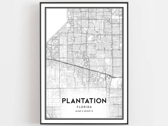 Plantation Map Print Poster Wall Art Fl City Florida Street Decor Road Gift B913