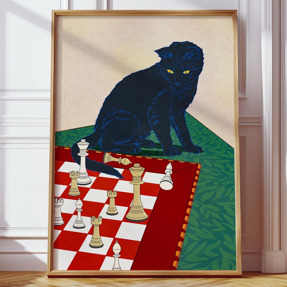 Black Cat Chess Poster, Artistic Wall Art Print