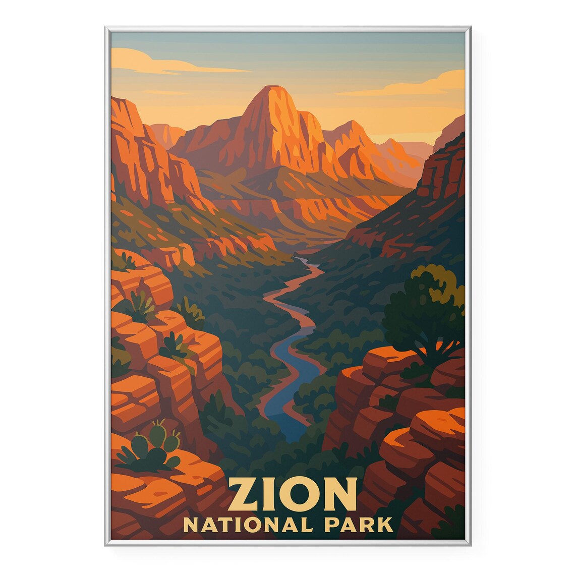 Zion National Park Red Rock Canyon Sunset Illustration Travel Poster