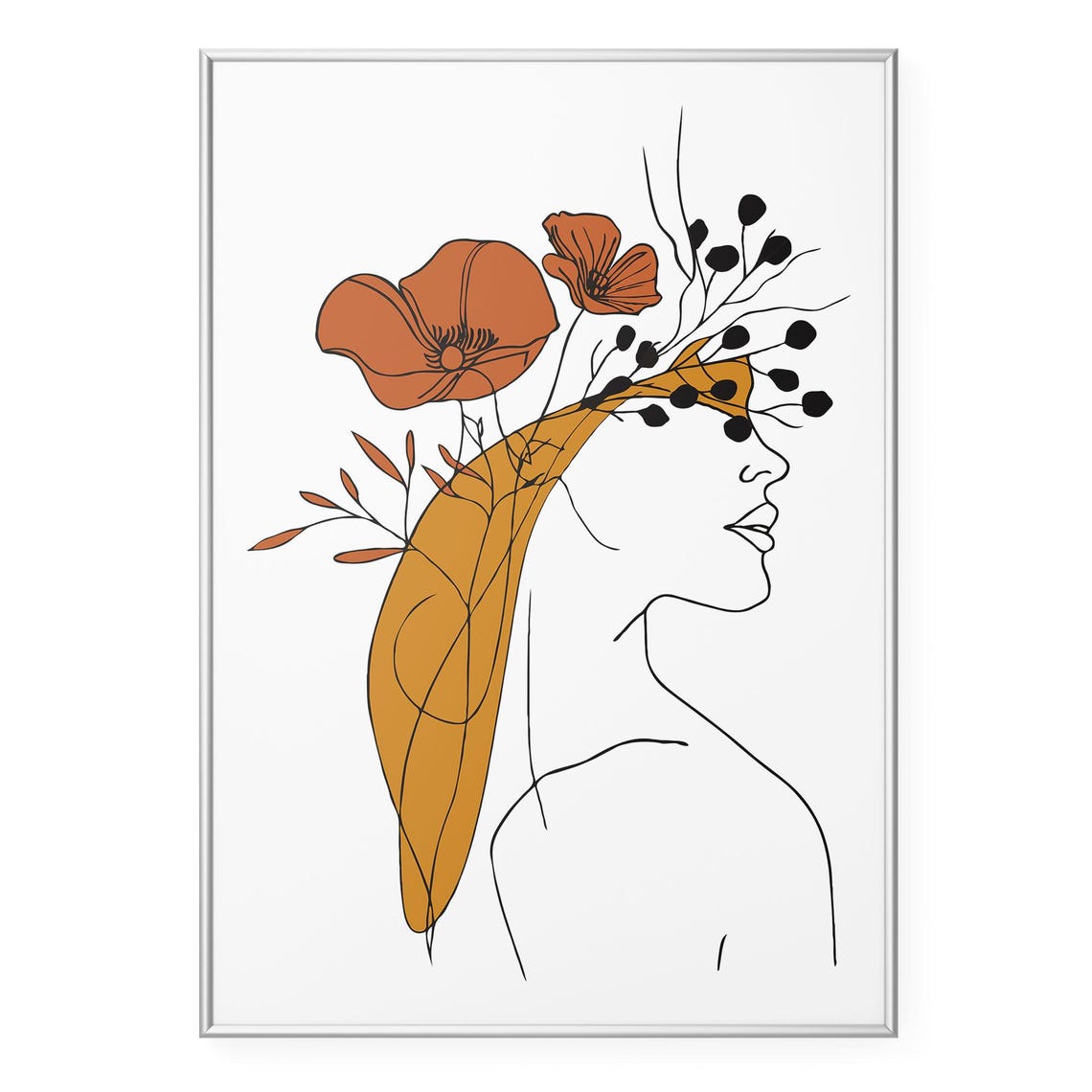 Orange Poppy Woman Profile Minimalist Botanical Floral Wall Art