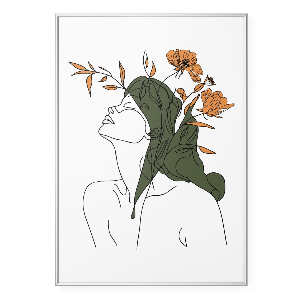 Expressive Boho Woman Line Art Flower Crown Tossed Back Wall Art