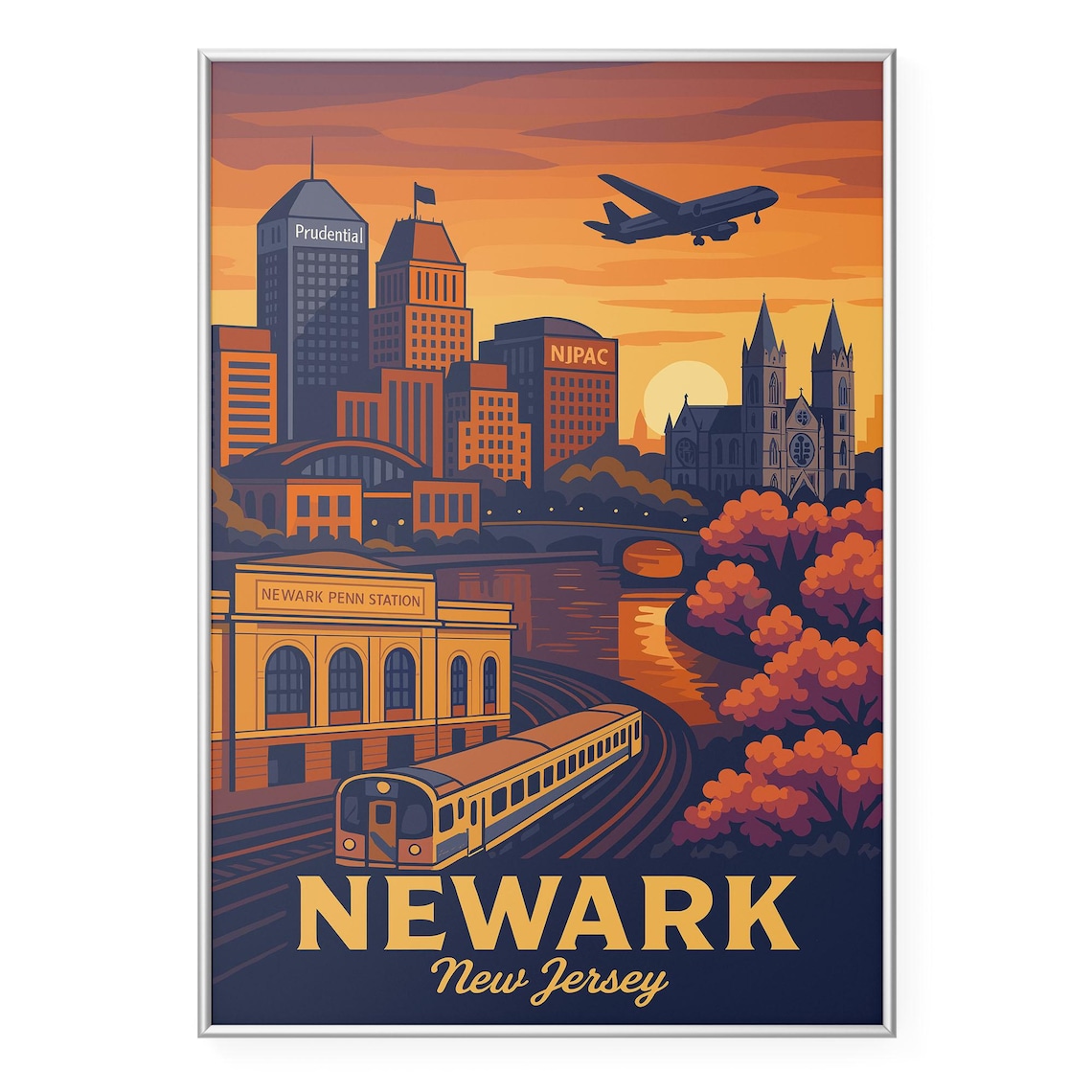 Newark New Jersey Sunset Travel Poster with Penn Station Skyline