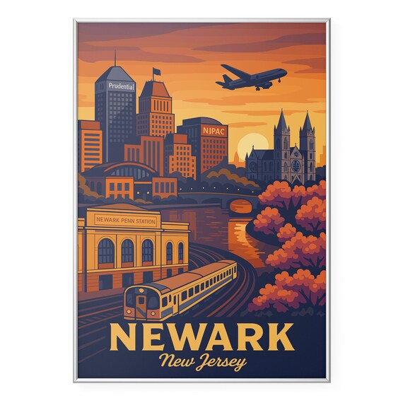Newark New Jersey Sunset Travel Poster with Penn Station Skyline