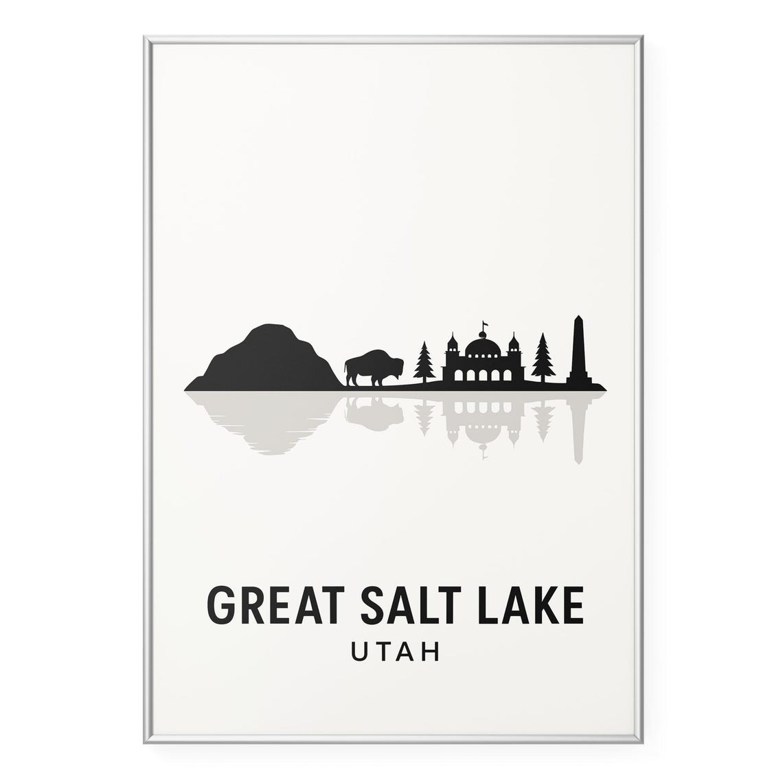 Great Salt Lake Utah Bison Temple Skyline Silhouette Travel Poster