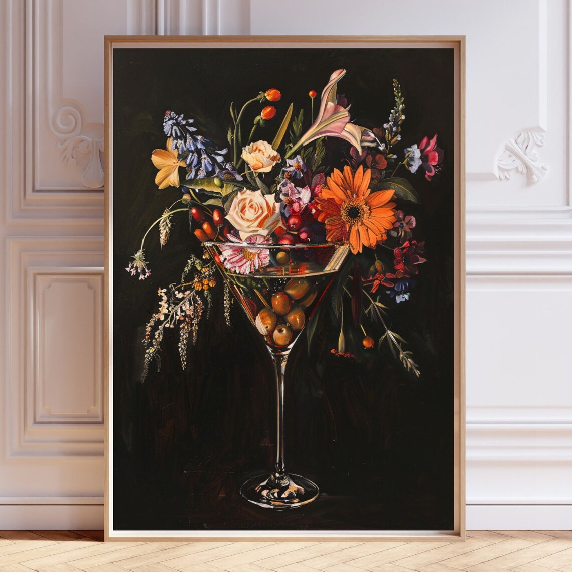 Flower Bouquet Martini Glass Painting Vintage Bar Cart Art Poster
