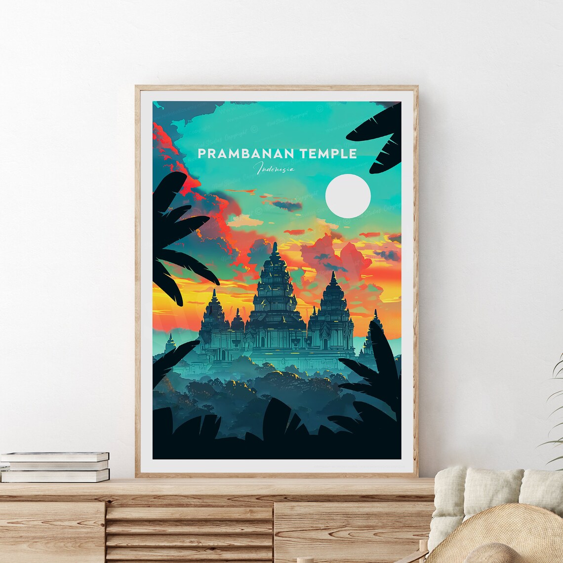 Prambanan Temple Indonesia Travel Poster, Sunset Landmark Art
