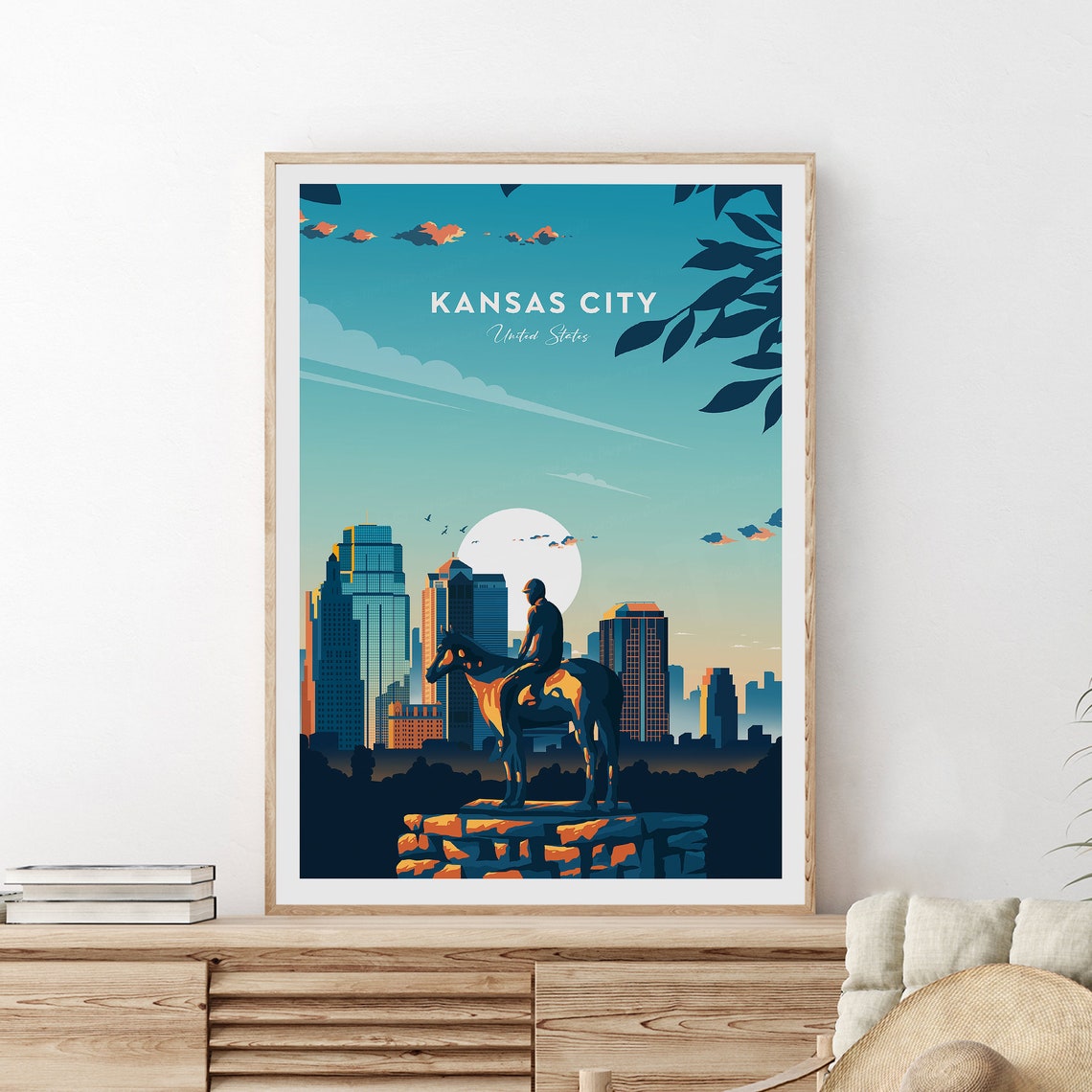 Kansas City Scout Statue Silhouette Downtown Skyline Dusk Poster