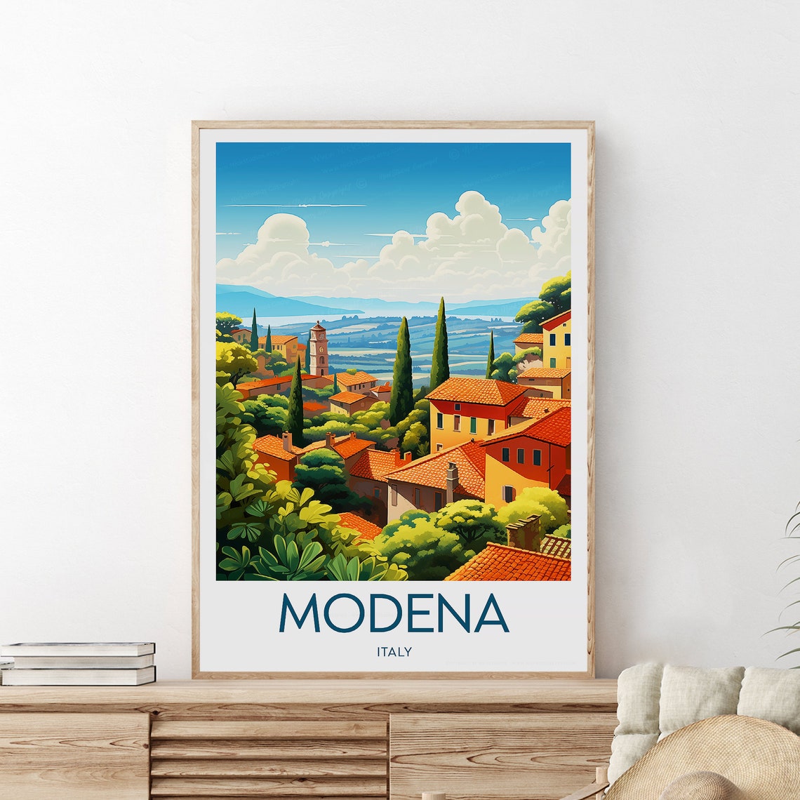 Modena Italy Travel Poster Terracotta Rooftop Hillside Village View