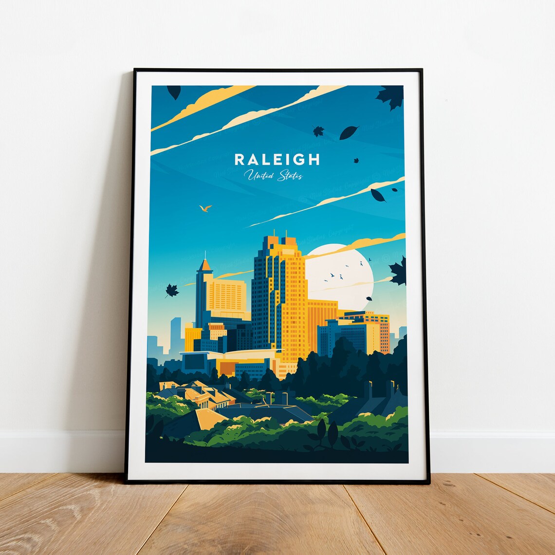 Raleigh North Carolina Downtown Skyline Sunset Travel Poster