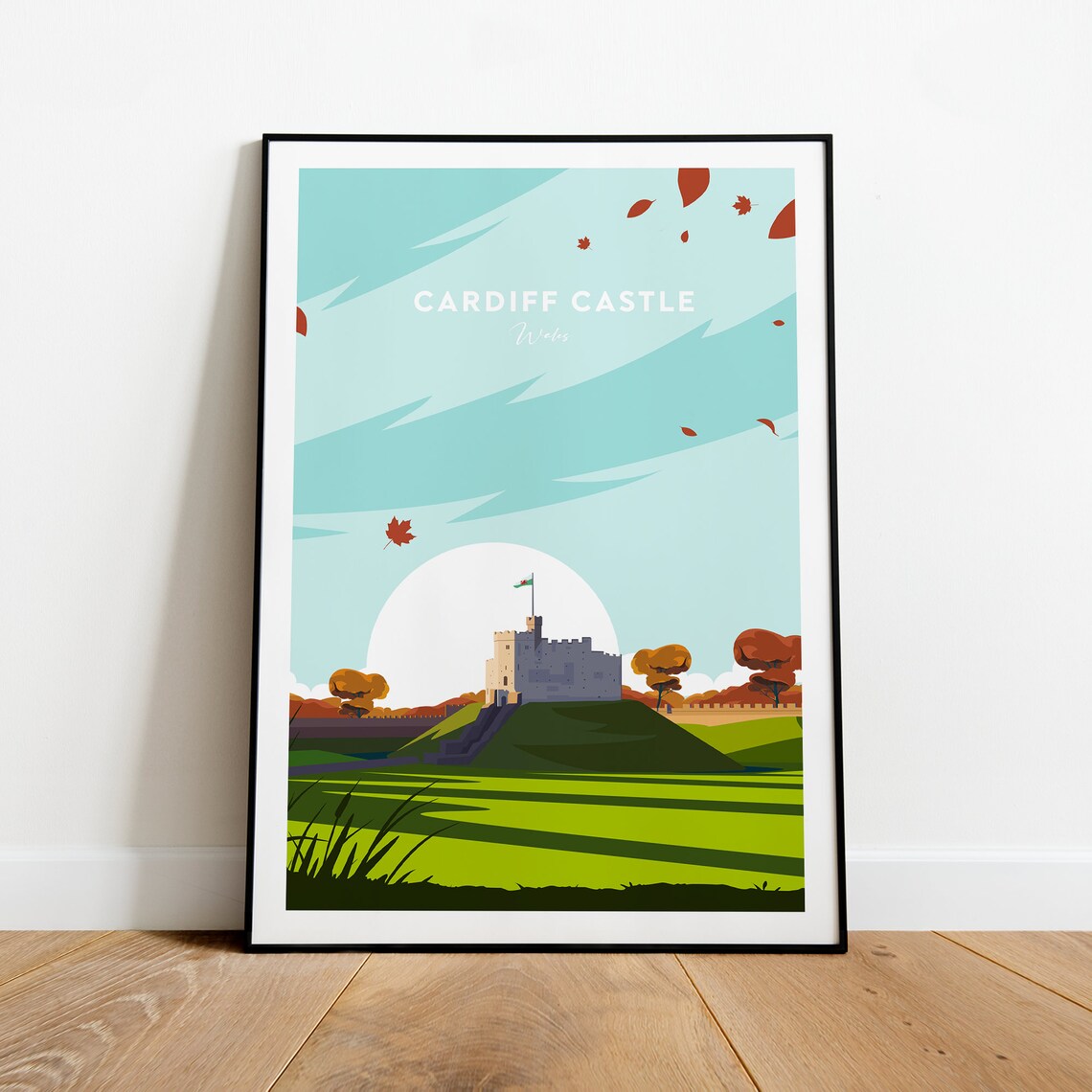 Cardiff Castle Wales Historic Keep Autumn Leaves Travel Poster