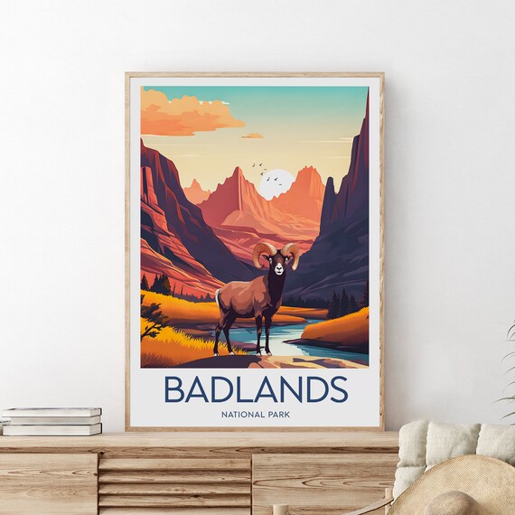 Badlands National Park Bighorn Sheep River Canyon Art Travel Poster