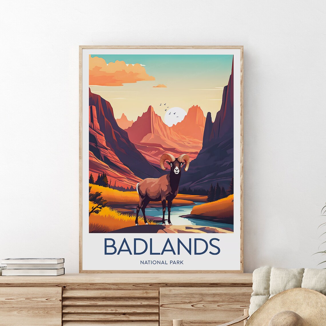 Badlands National Park Bighorn Sheep River Canyon Art Travel Poster
