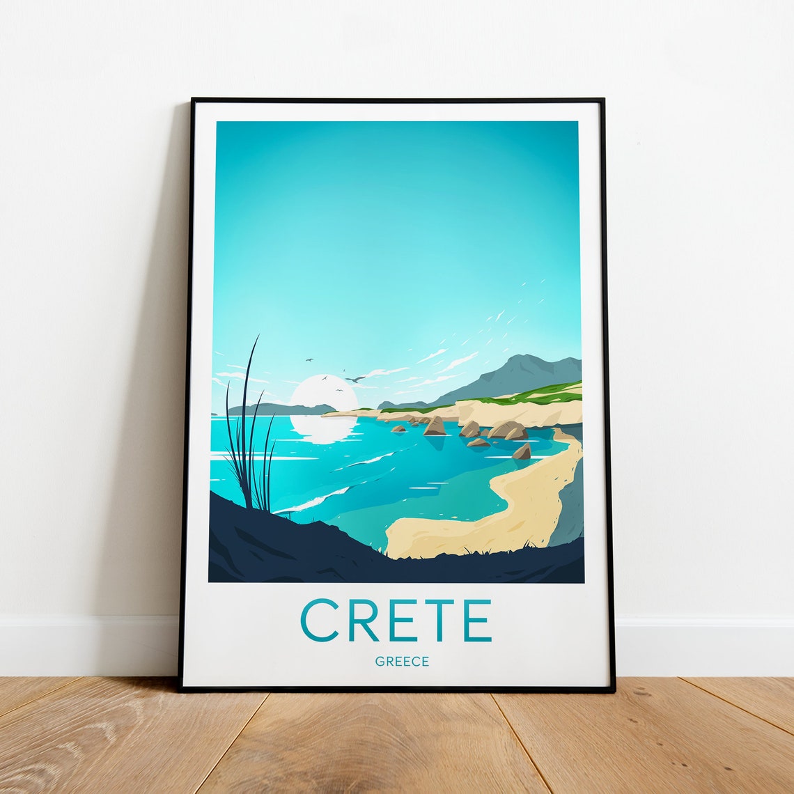Crete Greece Turquoise Beach Cove Travel Illustration Poster