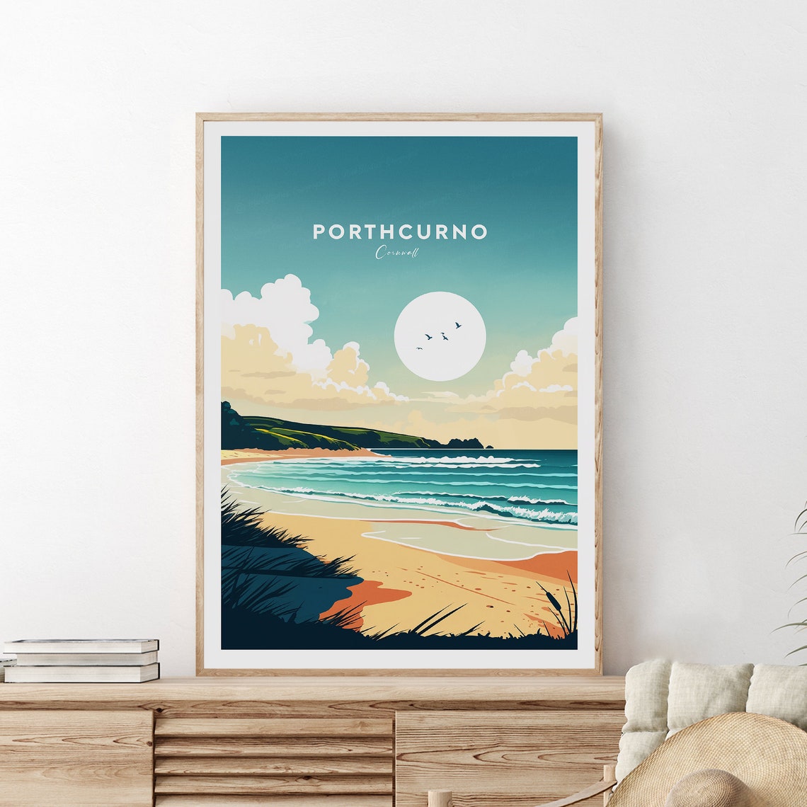 Porthcurno Cornwall Sunlit Beach Ocean Waves Coastal Travel Poster