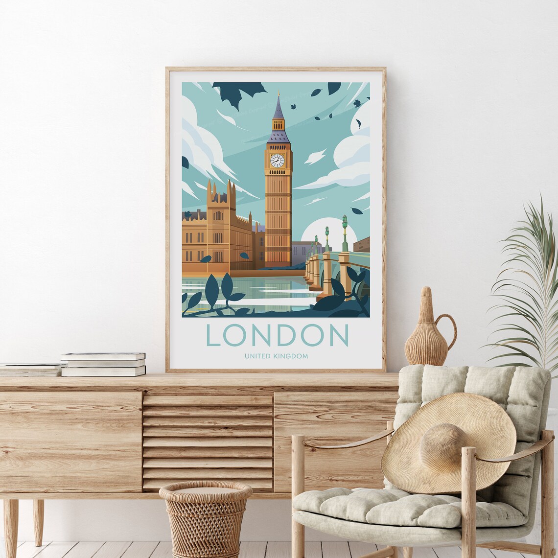 London United Kingdom Big Ben Westminster Riverside Travel Poster