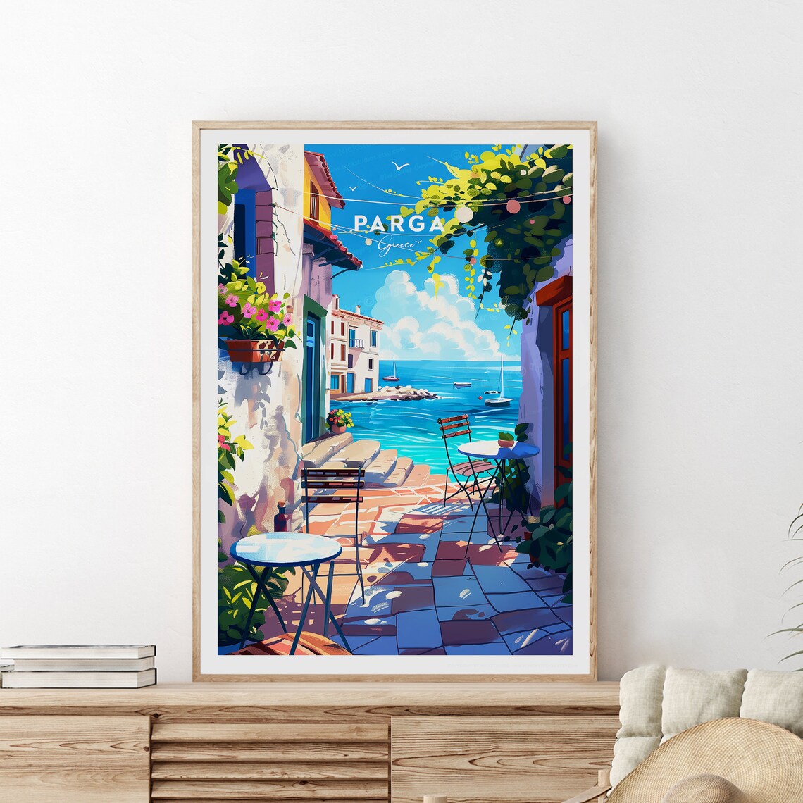 Parga Greece Harbor Alley Cafes Traditional Travel Art Poster