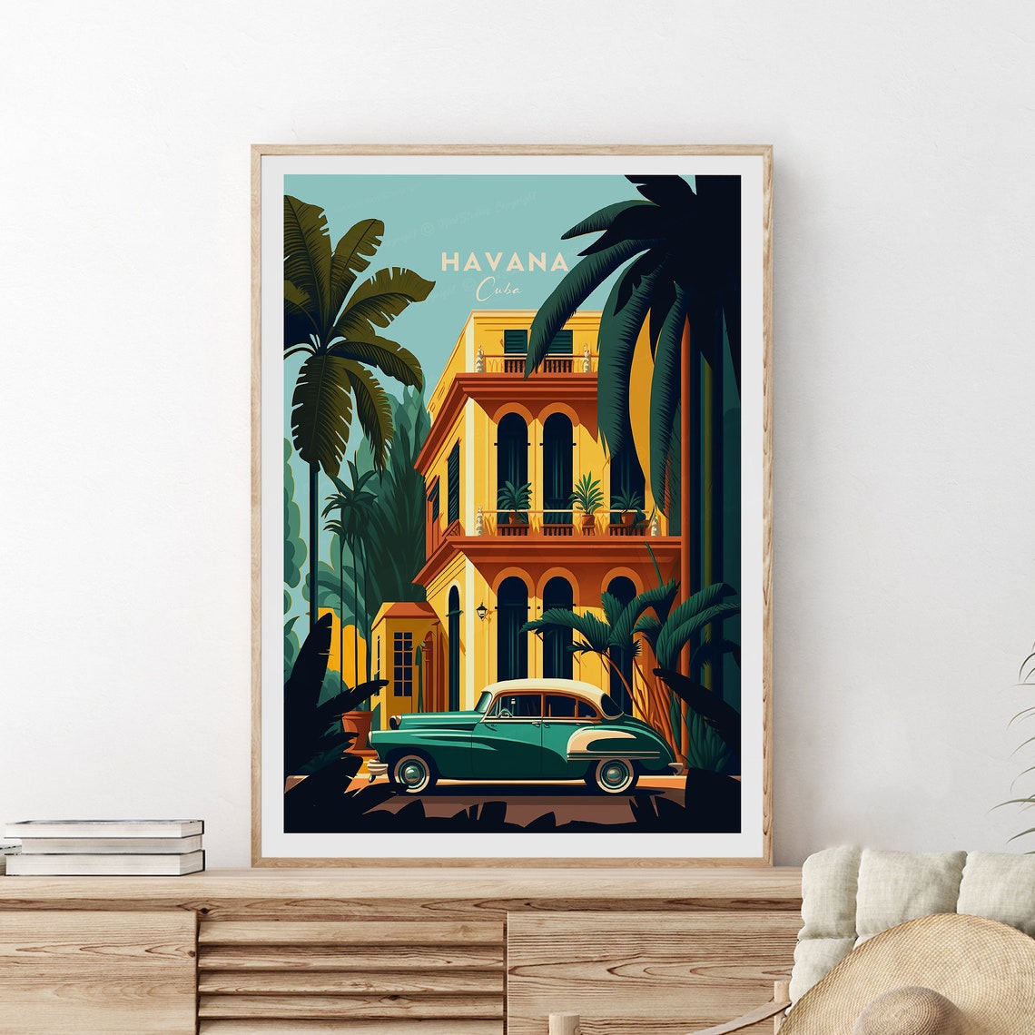 Havana Cuba Classic Car Colonial Building Palm Tree Art Poster