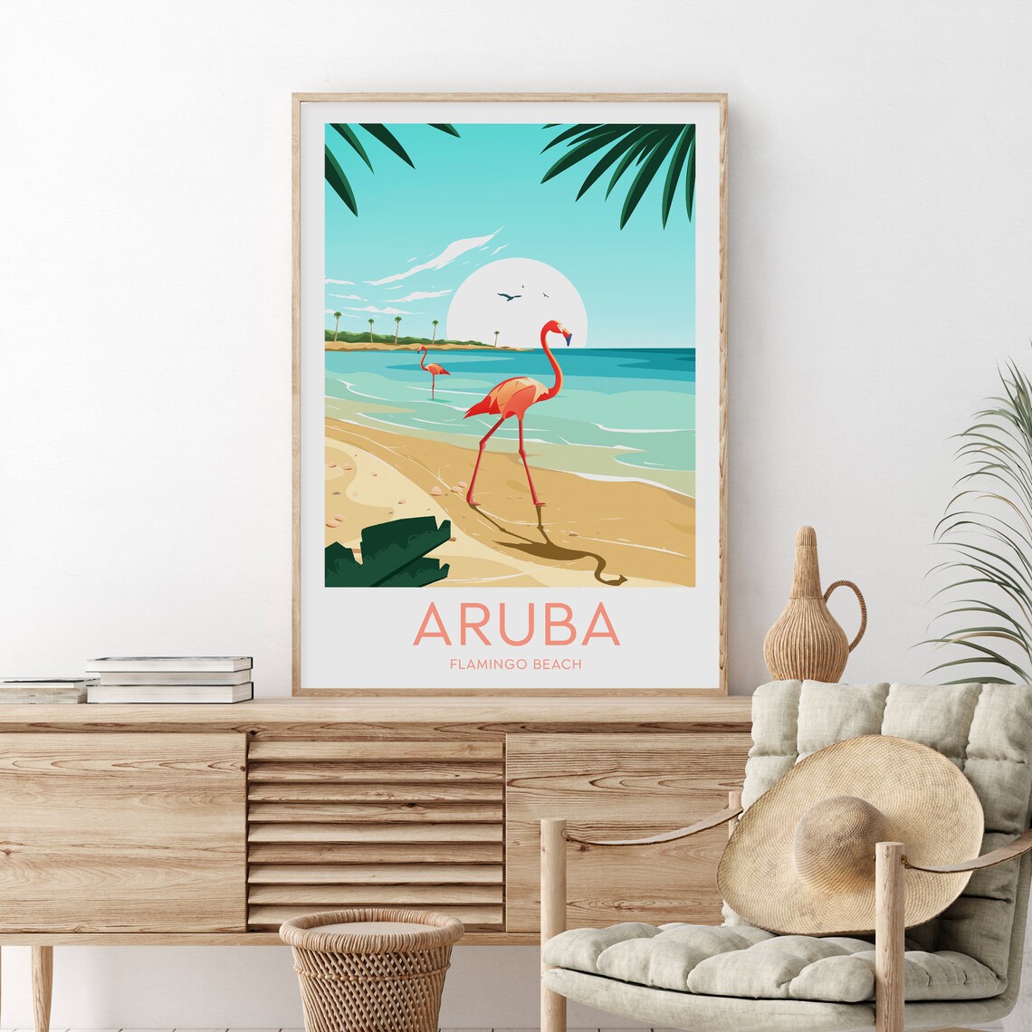 Aruba Flamingo Beach Sunset Scene Tropical Pink Flamingos Poster