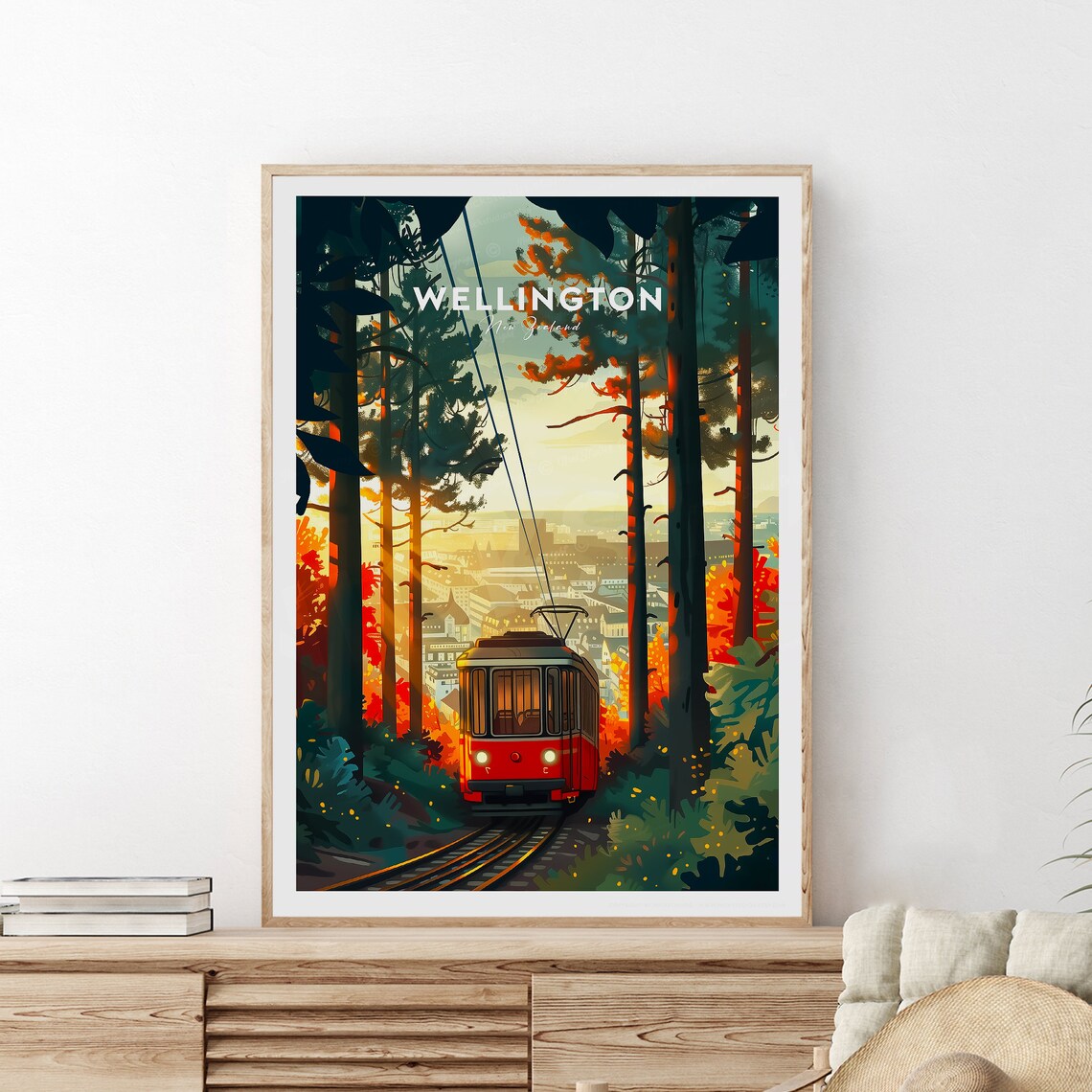 Wellington New Zealand Red Cable Car Forest Sunset Travel Poster