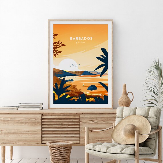 Barbados Caribbean Tropical Sunset Beach Palm Bay Scene Poster
