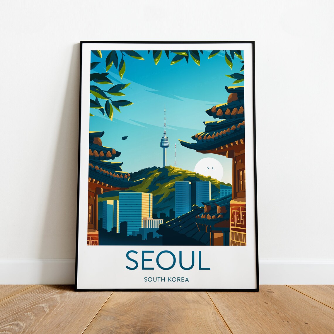 Seoul South Korea N Tower Traditional Roofs Vintage Travel Poster