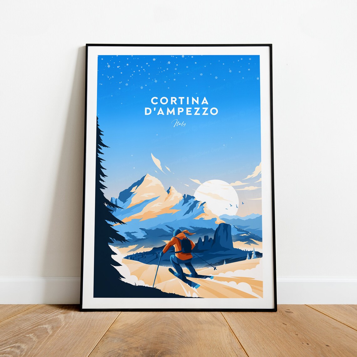 Cortina d'Ampezzo Italy Skier in Snowy Dolomites Travel Poster