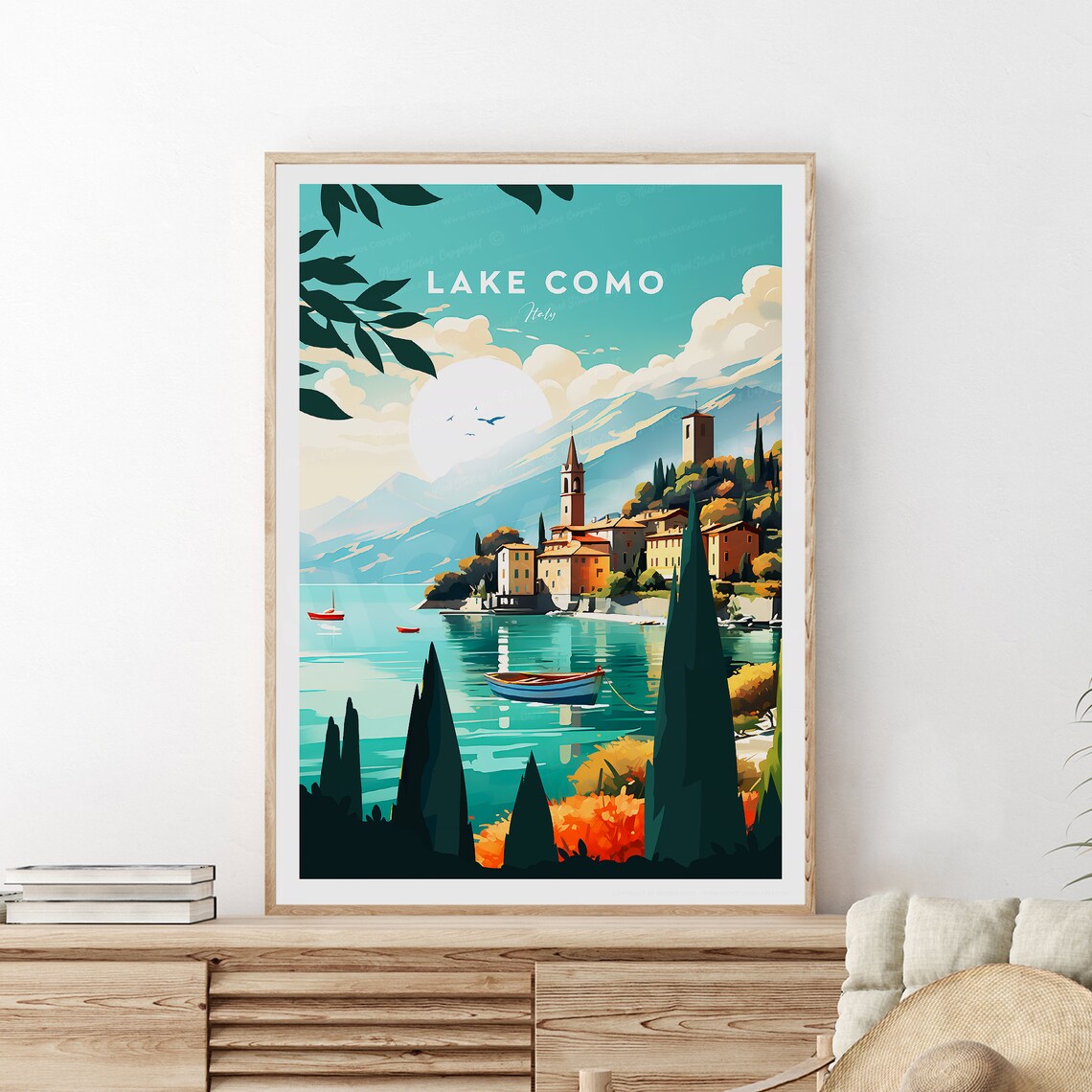 Lake Como Church on the Shore with Cypress and Boats Italy Poster