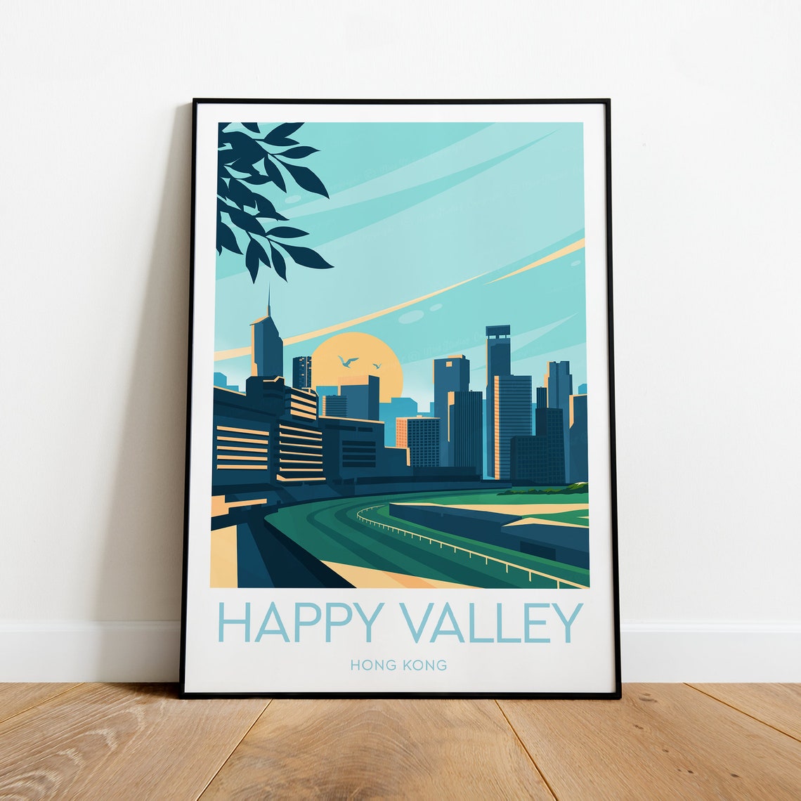 Happy Valley Hong Kong Bold Lettering Racecourse Sunset Poster